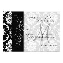 Wedding RSVP Cards Black Damask Monogram Personalized Invitations