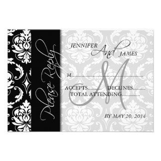 Black Gray Classic Damask Wedding RSVP Cards by MonogramGallery.ca