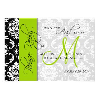 Lime Green Black Damask Wedding Invitations RSVP Cards from MonogramGallery.ca