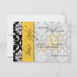 Wedding RSVP Cards Damask Monogram Yellow invitation