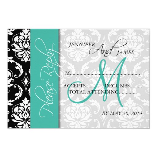 Wedding RSVP Cards Damask Turquoise Monogram Personalized Invitations