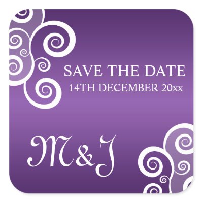 Wedding Save The Date White Swirls Purple Square Sticker
