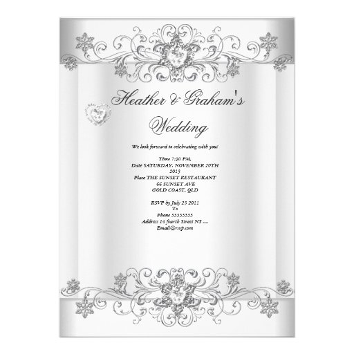 Wedding Silver White Diamond Hearts Invitations