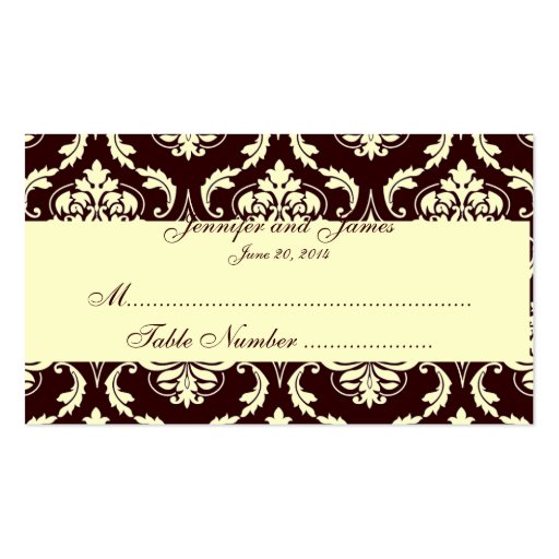 Wedding Table Escort Cards Brown Ivory Damask Business Card (front side)