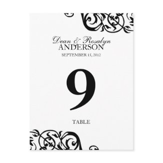 Wedding table number card custom print B&W scroll postcard