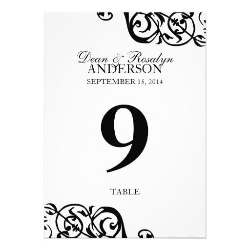 Wedding table number card party reception B&W