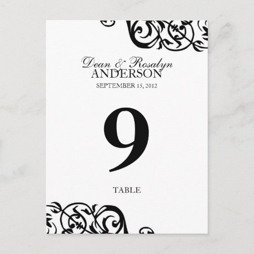 Wedding table number card party reception B&W postcard