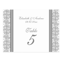 Wedding Table Number Cards Gray Damask Postcard