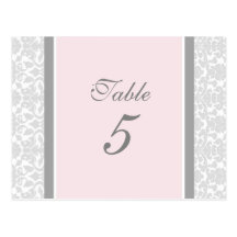 Wedding Table Number Cards Pink Gray Damask Post Cards