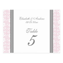 Wedding Table Number Cards Pink Gray Damask Post Cards