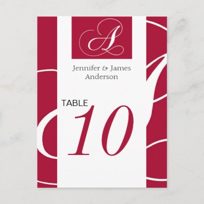 Table Number Cards Wedding on Wedding Table Number Cards Wine Red Monogram A Postcard From Zazzle