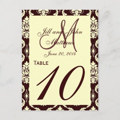 Wedding Table Numbers Brown Ivory Damask Postcards by monogramgallery