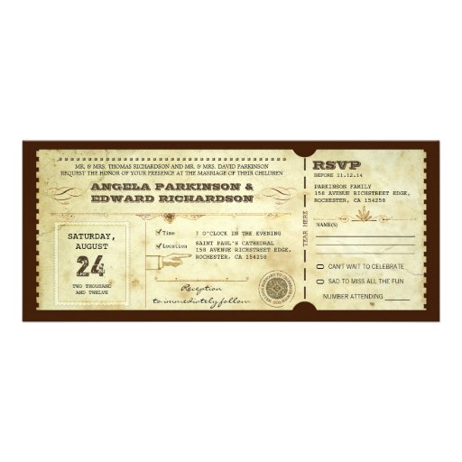 wedding vintage ticket invitation with rsvp design