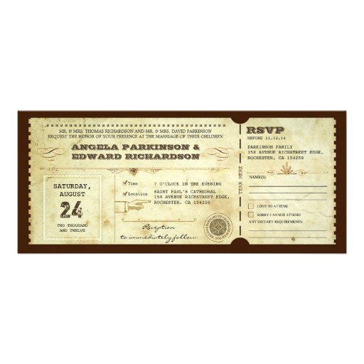 wedding vintage ticket invitation with rsvp design