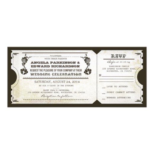 wedding vintage ticket invitation with RSVP design