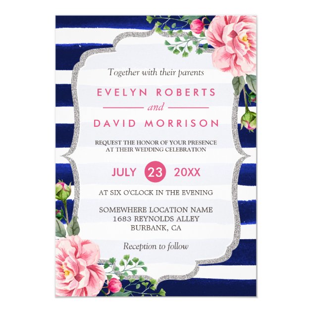 Wedding Watercolor Floral Silver Navy Blue Stripes Card