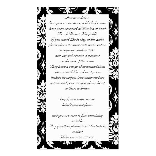 Wedding Wishing Well and Hotel Information Card Business Card (back side)