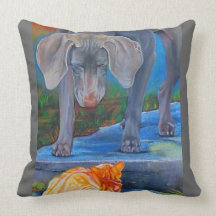 Weimaraner and Tabby Cat MoJo Pillow