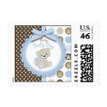 baby, infant, newborn, child, boy, baby shower, invitation, announcement, bear, teddy bear, stuff animal, toy, pregnant, expecting, mother to be, motherhood, ribbon, bow, paw, print, pattern, dot, stripe, medallion, cute, cuddle, sweet, postage, stamp