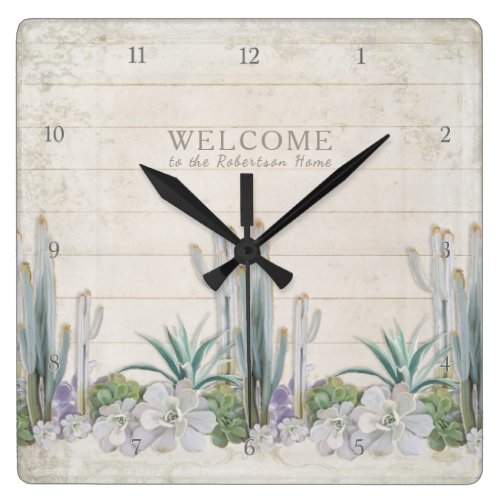 Welcome Sign Vintage Shiplap Wood Desert Cactus Square Wall Clock Welcome Sign Vintage Shiplap Wood Desert Cactus Square Wall Clock