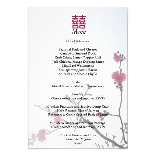 Welcoming Spring Double Happiness Sakura Menu Personalized Invitation (front side)