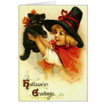 Welsh Girl & Black Cat Vintage Halloween Card