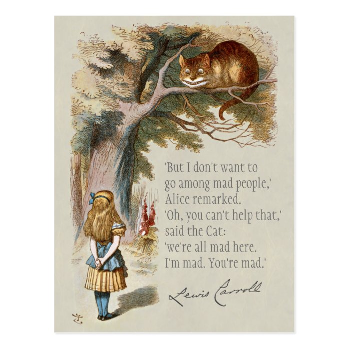 We're all mad here CC0188 Alice Cheshire cat Postcard