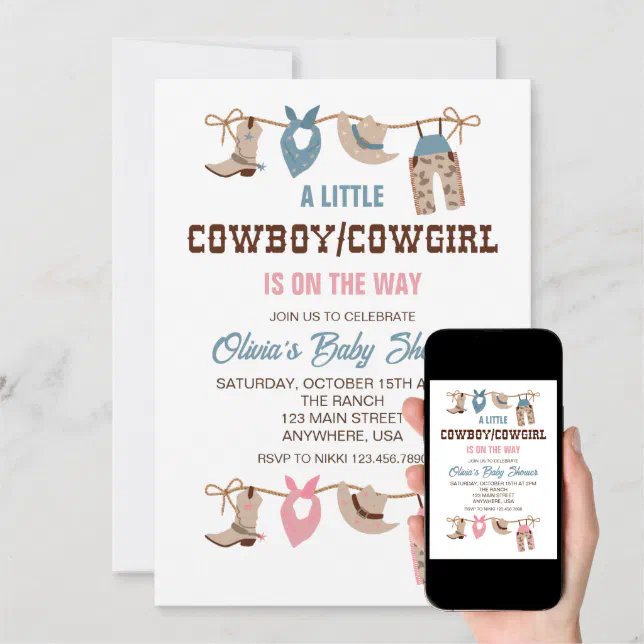 Western Cowboy Cowgirl Gender Reveal Baby Shower Invitation Zazzle