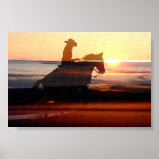 Western Cowgirl riding off into the sunset Poster