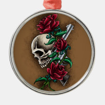 Western Skull with Red Roses and Revolver Pistol Christmas Tree Ornaments