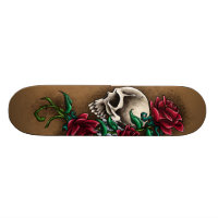 Western Skull with Red Roses and Revolver Pistol Skateboard Deck