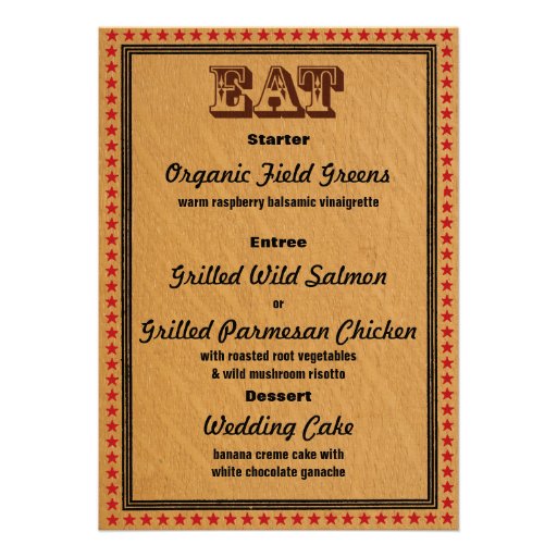 Western Style Reception PartyDinner Menu Personalized Invitations