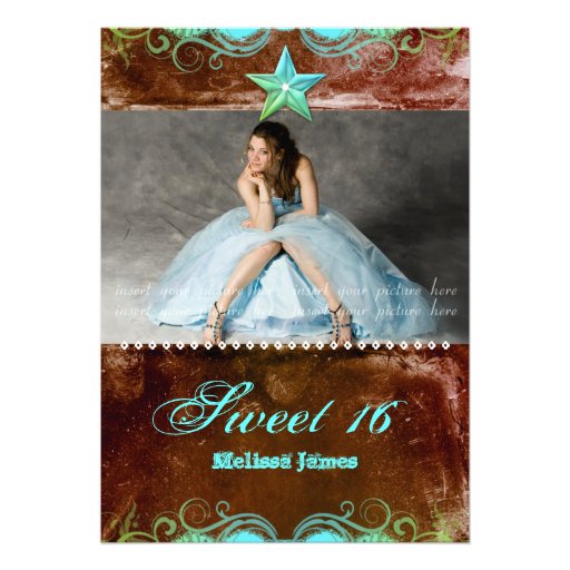 Western Sweet 16 Invitation Blue Brown Star