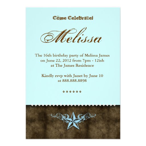 Western Sweet 16 Invitation Blue Star Brown