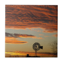 Western Windmill Sunset Ceramic Tile
