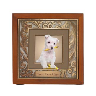 Westie Puppy Ornate Gold Filled Frame Design Desk Organizer