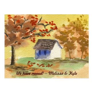 We've Moved Little Cottage Autumn Tree Fall Leaves Postcards