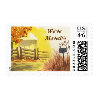 We've Moved Little Cottage Fence Mailbox Autumn Postage Stamp