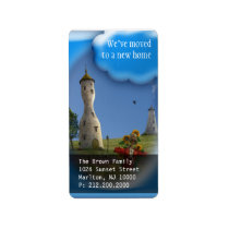 we have a new address, we have moved, new house, new home, hausewarming, moving house, moving, house warming party, house, relocating, moving notice, dreams, fairytales, fairy house, cool, we moved, state, new address, change of address, home, template, houk, unique, Label with custom graphic design