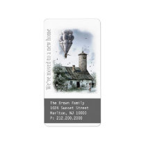 we have a new address, we have moved, new house, new home, hausewarming, moving house, moving, house warming party, house, relocating, moving notice, dreams, fairytales, fairy house, cool, we moved, state, new address, change of address, home, template, houk, unique, Label with custom graphic design