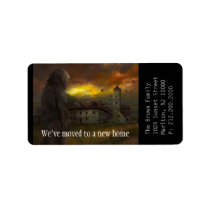 we have a new address, we have moved, new house, new home, hausewarming, moving house, moving, house warming party, house, relocating, moving notice, dreams, fairytales, fairy house, cool, we moved, state, new address, change of address, home, template, houk, unique, Label with custom graphic design