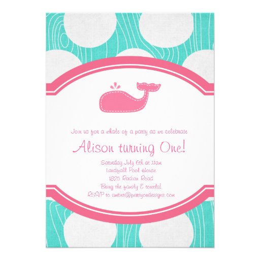 Whale Polka Dot Pool Party Aqua and pink modern Custom Announcement (front side)