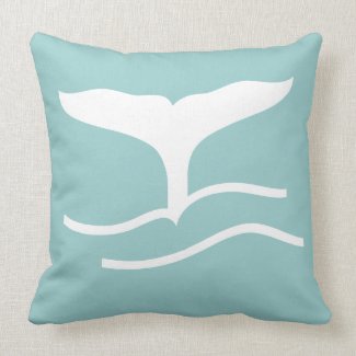 whale. WHITE on teal blue pillow