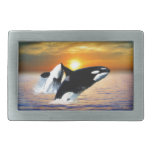 Whales at sunset belt buckle