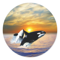 Whales at sunset round sticker