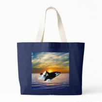 Whales at sunset tote bag