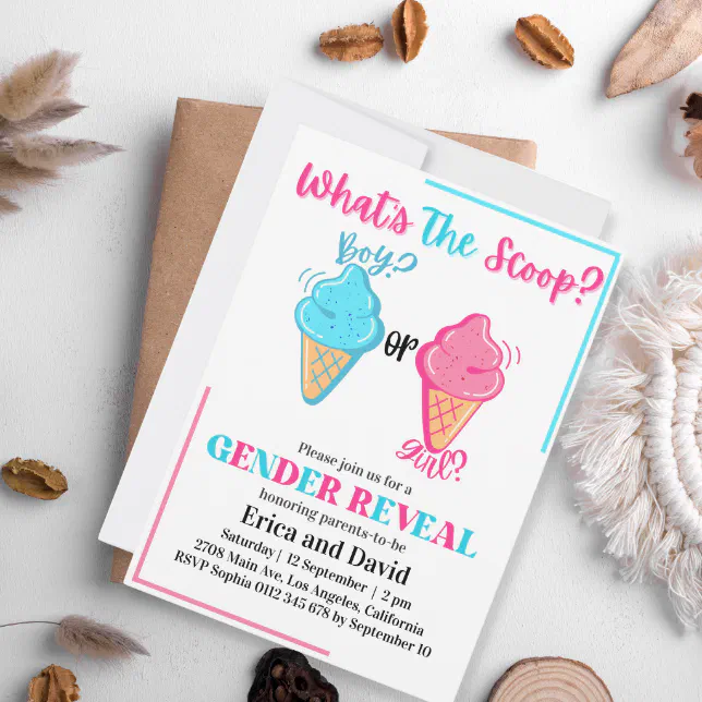 What S The Scoop Ice Cream Gender Reveal Party Invitation Zazzle