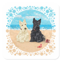 Wheaten & Black Scotties at the Beach Square Sticker