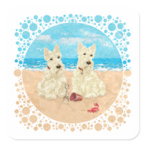 Wheaten Scotties at the Beach Square Sticker