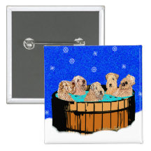 WHEATEN TERRIERS IN HOT TUB PINBACK BUTTON
